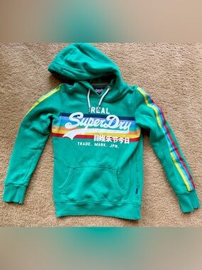 Superdry Teal Hoodie with Multicolor Stripe Logo